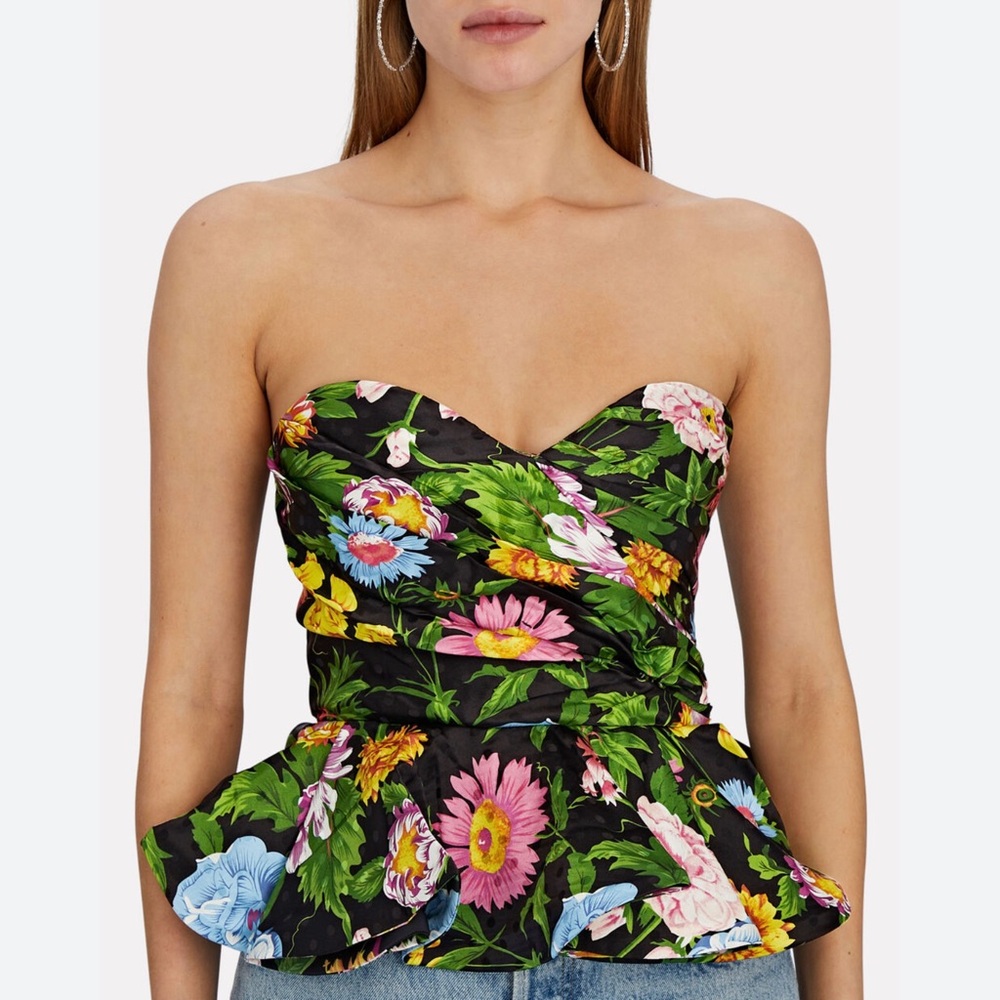 89. Ronny Kobo Tara Strapless Floral Peplum Top, Size Medium.